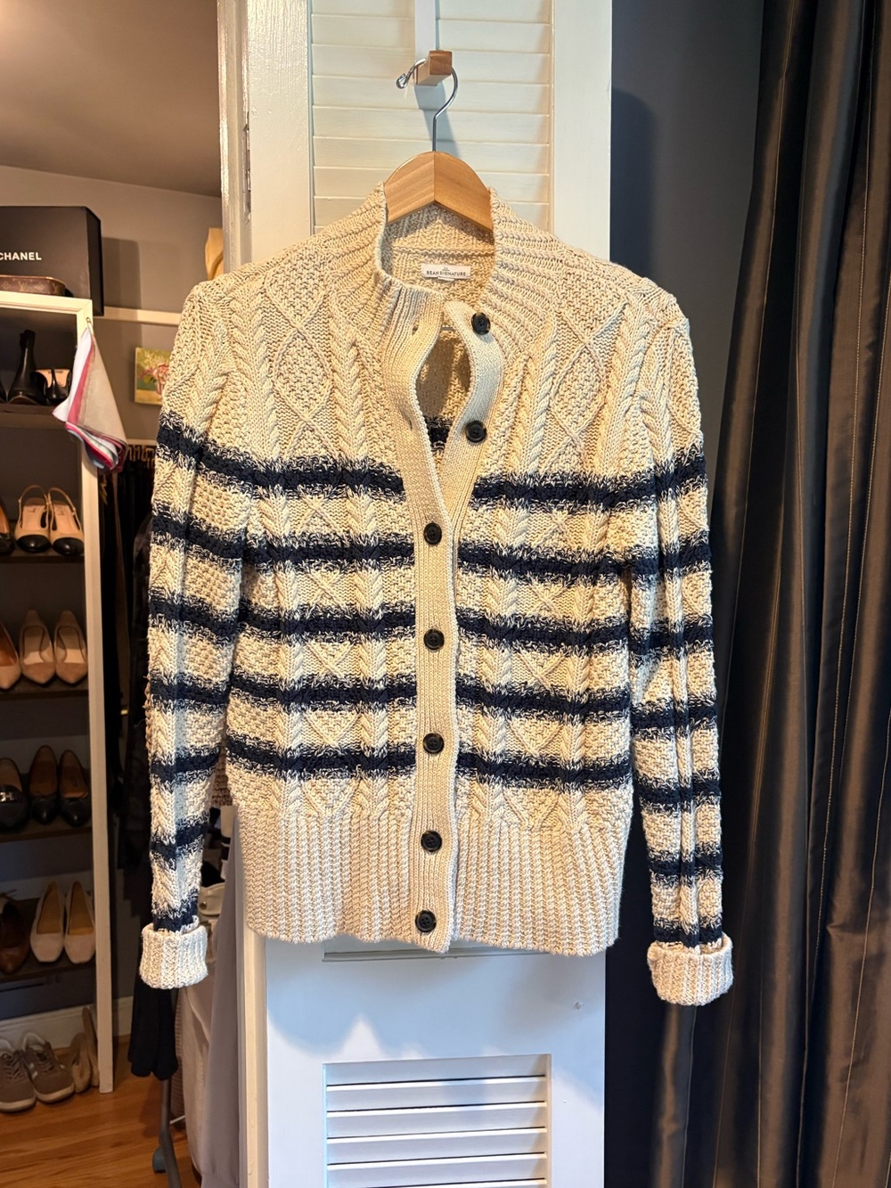 L.L. Bean Signature Cotton Fisherman Cream and Navy Striped Cable-Knit Sweater